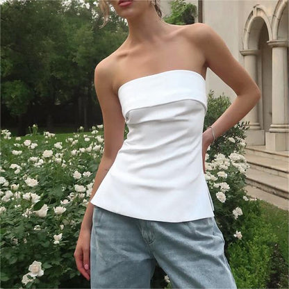 Women Clothing Summer Solid Color Casual Polo Collar Tube Top Backless Slim Fit Slit T Shirt Top