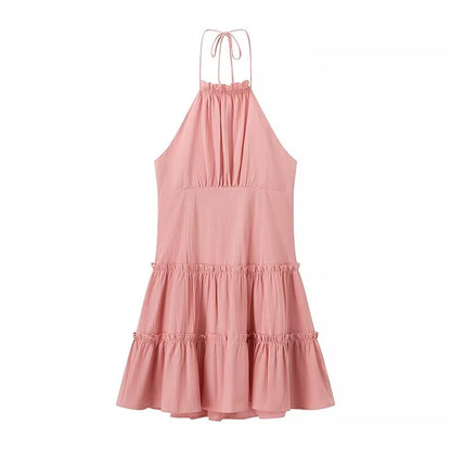 Women Sexy Backless Halter Pink Laminated Cotton Dress