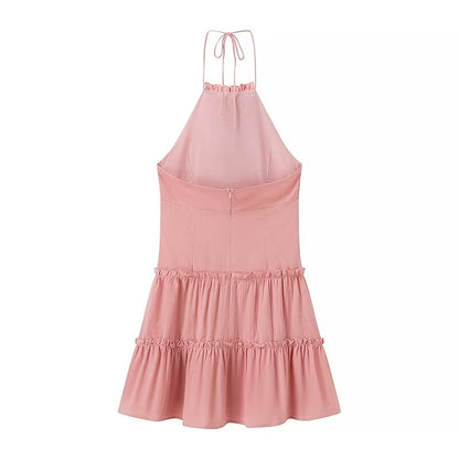 Robe sexy en coton laminé rose dos nu pour femme