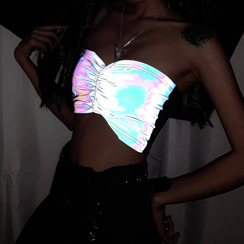 Reflective laser tube top female jumpy sexy