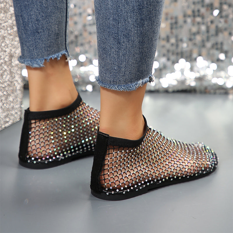 Nouvelles sandales plates creuses avec strass Design chaussures d'été à bout rond pour femmes