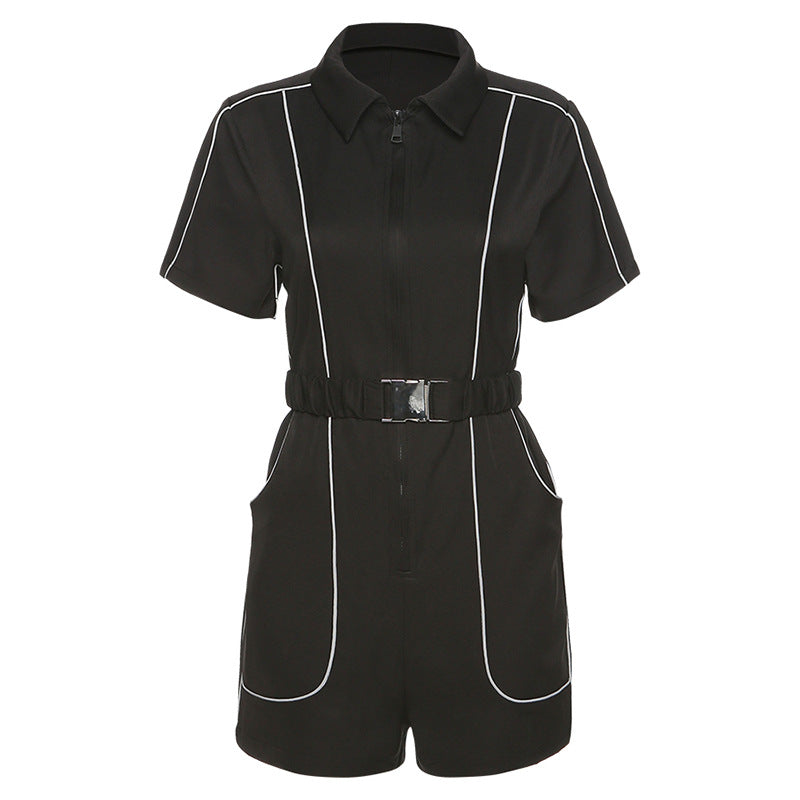 Reflective strip stitching zipper lapel jumpsuit