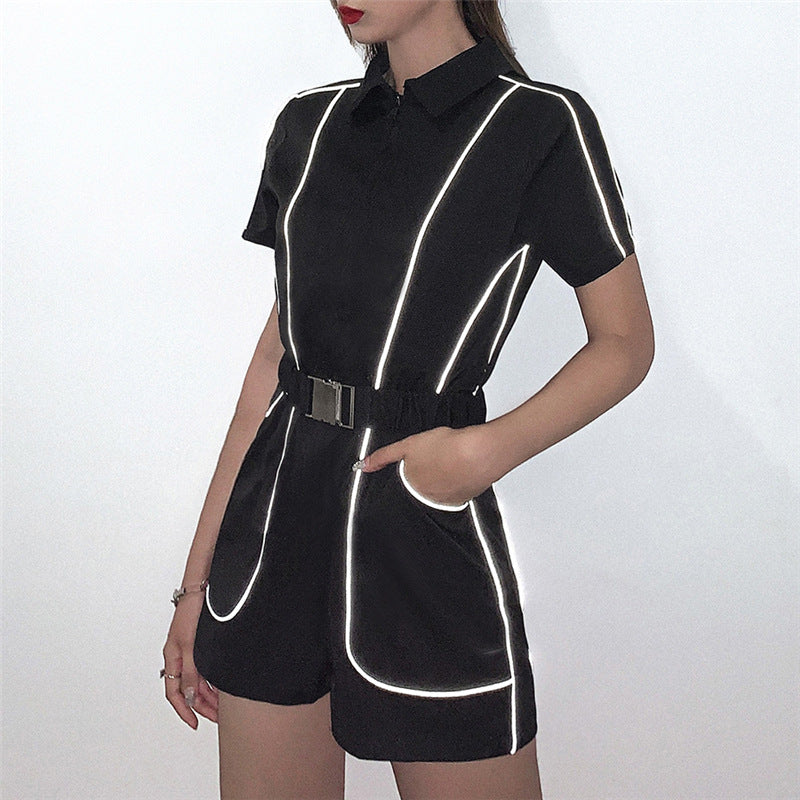 Reflective strip stitching zipper lapel jumpsuit