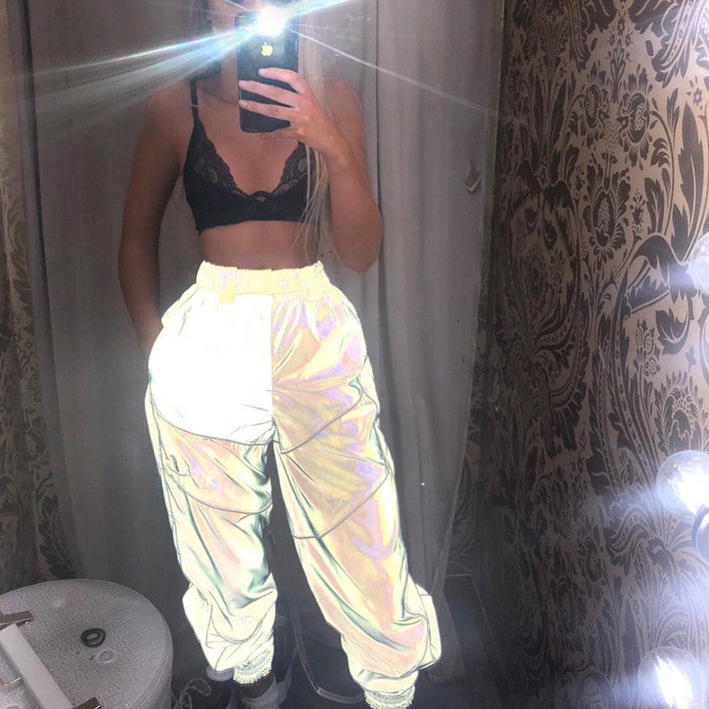 Europe and the United States explosion models spring new fashion high waist loose reflective strip sports casual pants women a generation