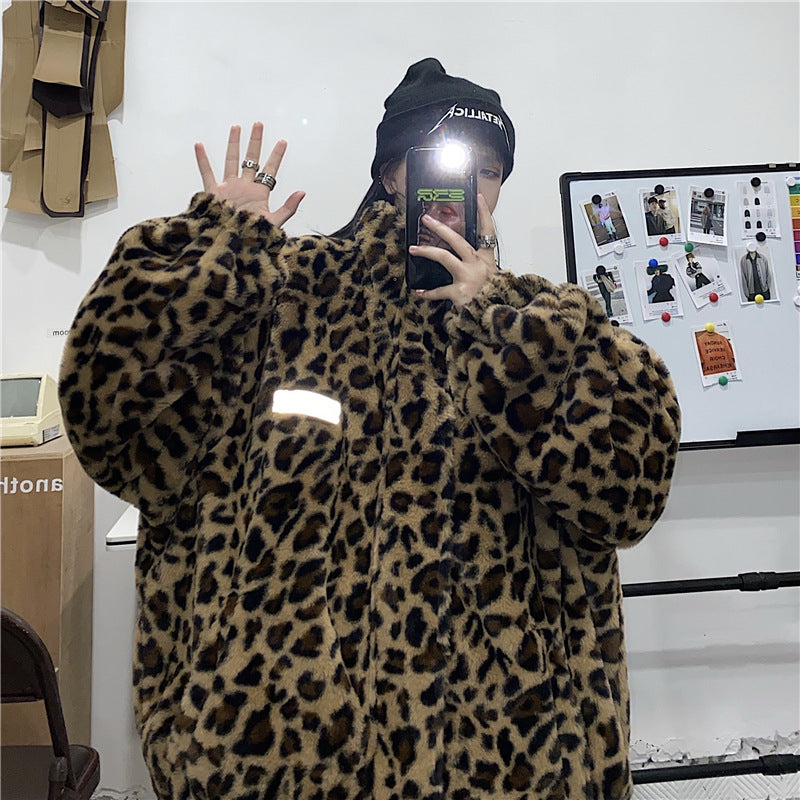 Chaqueta reflectante de moda de doble cara con estampado de leopardo suelto