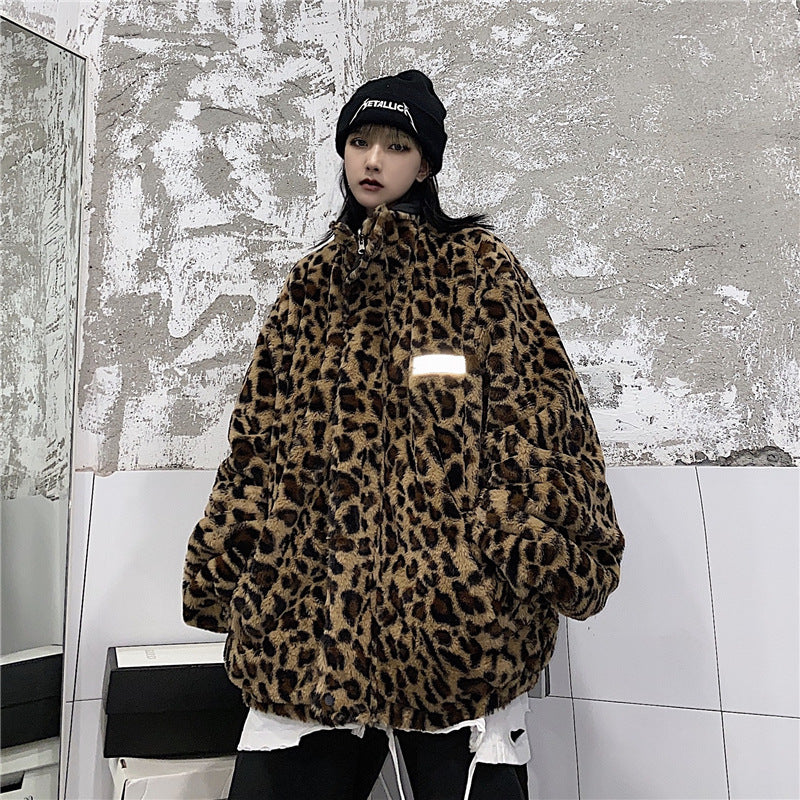 Chaqueta reflectante de moda de doble cara con estampado de leopardo suelto