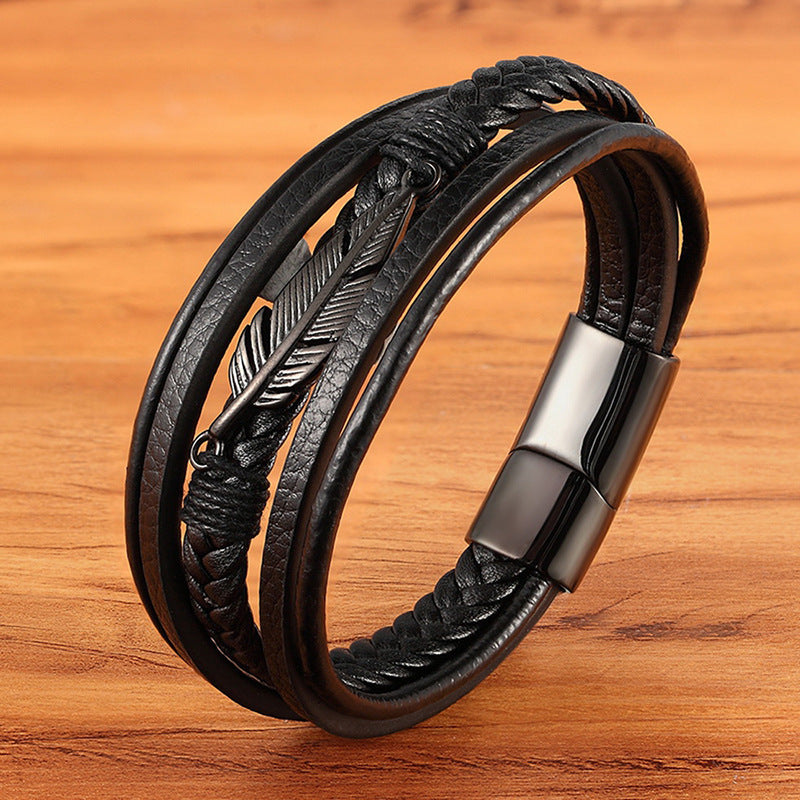 Nouveau 3 couches en or noir Style Punk Design Bracelet en cuir véritable pour hommes