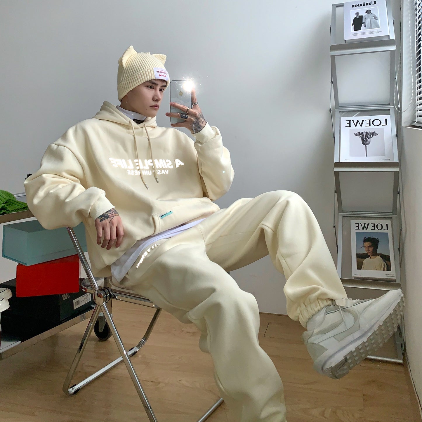 Reflective Letter Plush Hoodie Men's Leggings