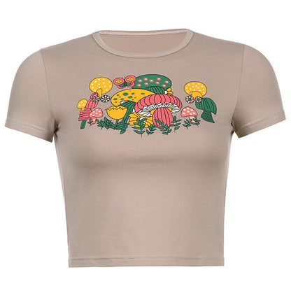 Slim Slimming Sexy Short-sleeved T-shirt With Colorful Mushroom Print