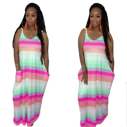 Women Rainbow Colorful Stripes Loose Big Hem Maxi Dress