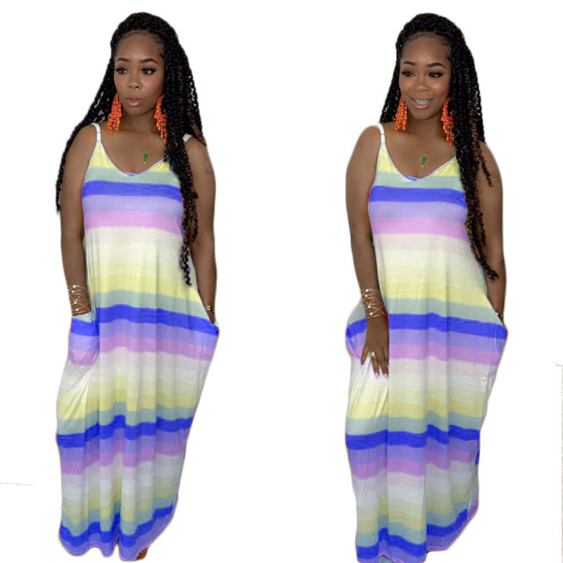 Women Rainbow Colorful Stripes Loose Big Hem Maxi Dress