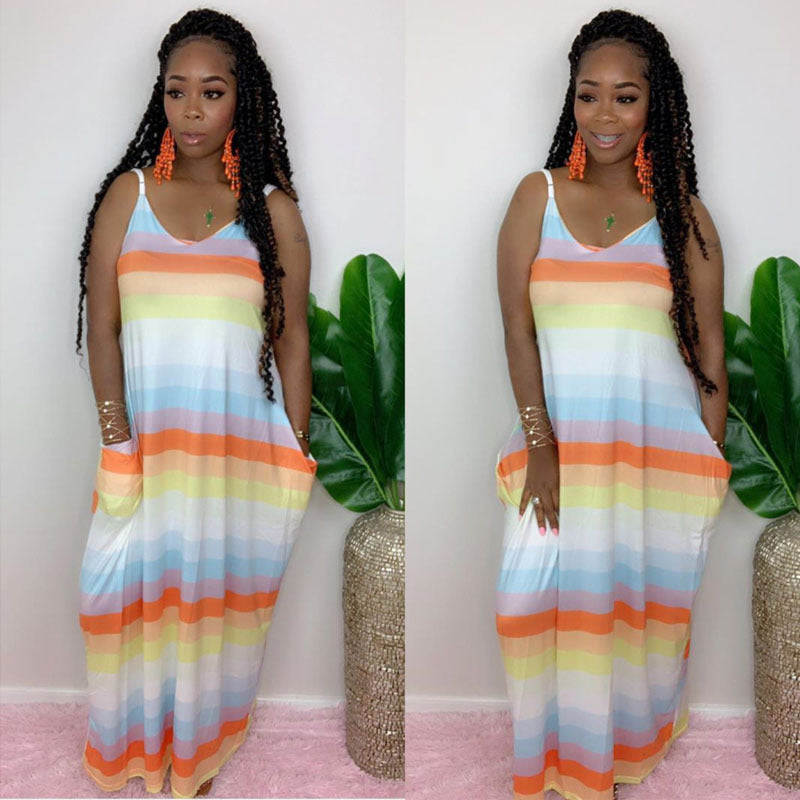 Women Rainbow Colorful Stripes Loose Big Hem Maxi Dress