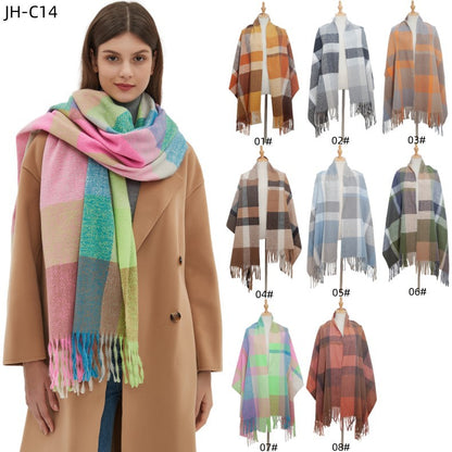 Plaid Scarf Thickened Fringe Bib Rainbow Scarf Shawl