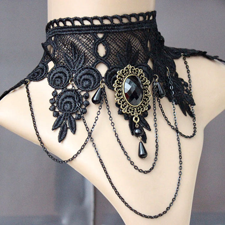 N44 party queen gem wide black lace dress accessories punk Necklace Choker false collar Mutu jewelry