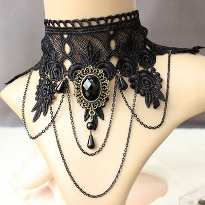 N44 party queen gem wide black lace dress accessories punk Necklace Choker false collar Mutu jewelry