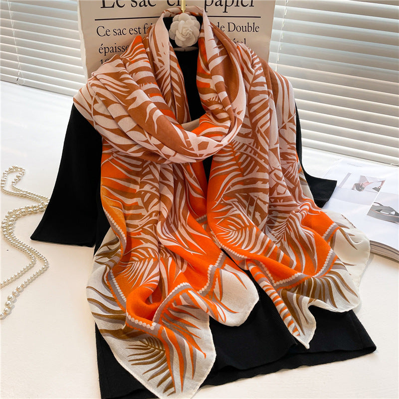 Cotton Linen Leaf Pattern Ladies Scarf