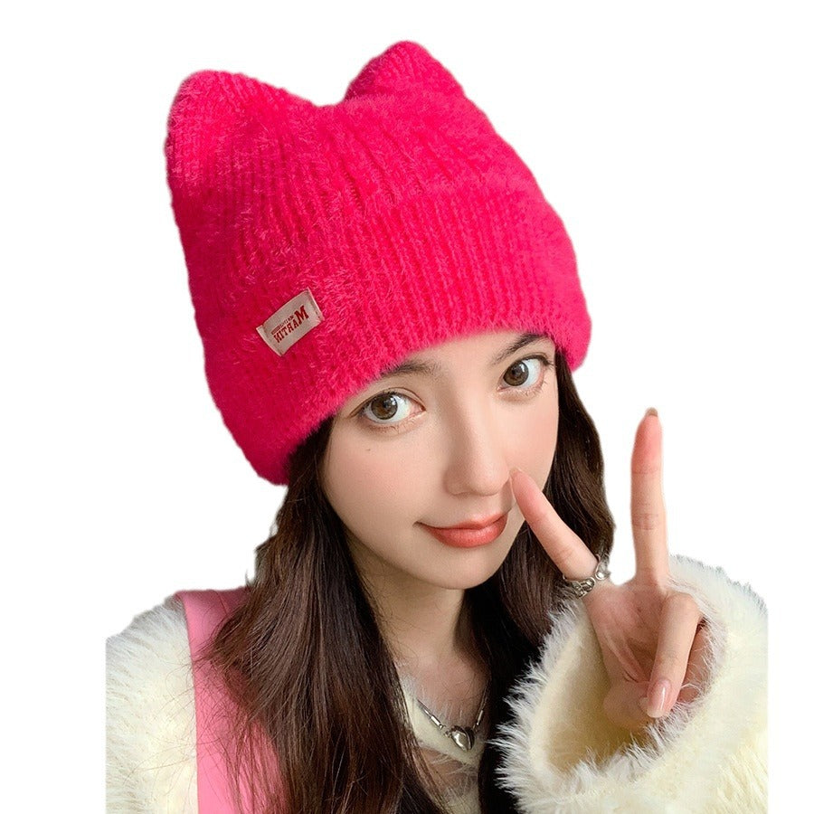 Casquette d'hiver en peluche avec oreilles de chat en vison pour fille, Protection chaude des oreilles, chapeau tricoté