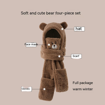 Chapeau ours mignon, écharpe intégrée pour femmes, automne et hiver, chapeau épais en peluche, costume trois pièces intégré