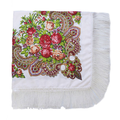 Women's Retro Print Floral Fringed Scarf