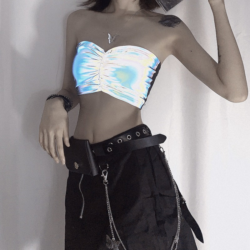 Reflective laser tube top female jumpy sexy