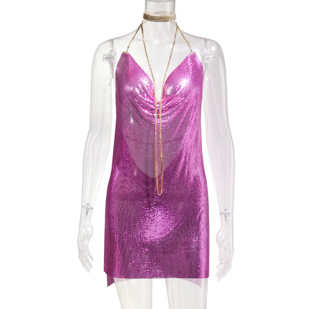 Robe Paillettes Métal Strass Femme