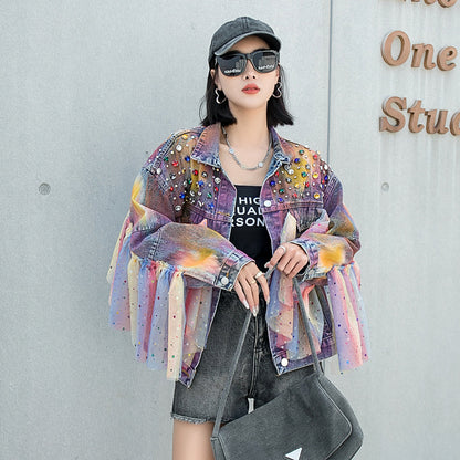 Chaqueta vaquera extragrande con degradado Tie-Dye y pedrería de malla de colores