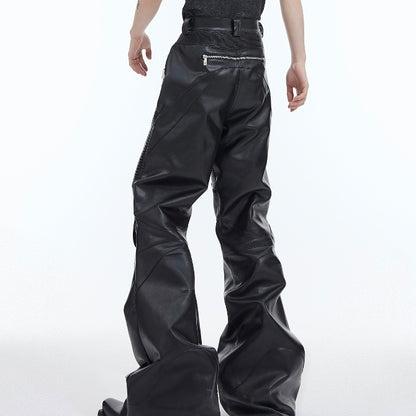 Pantalon en cuir Punk déconstruit, coutures tridimensionnelles, fermeture éclair en métal, embelli, Bootcut, pantalon décontracté