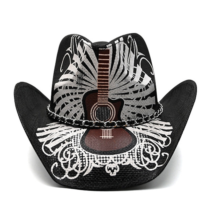 Chapeau de Cowboy en paille de beauté, guitare Punk rétro, crâne, Protection solaire, pare-soleil