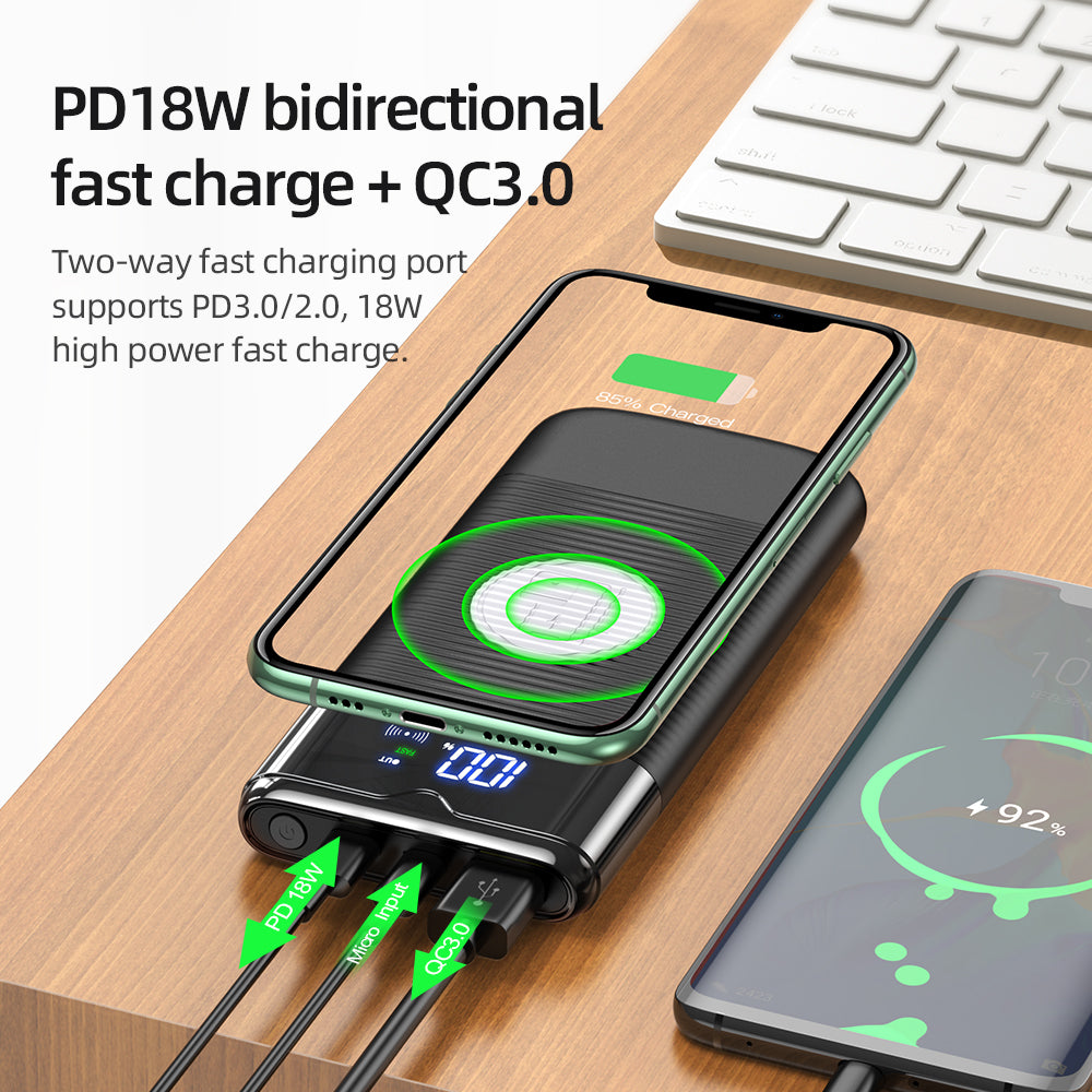 Power Bank 10000mAh Cargador inalámbrico Power Bank PD QC3.0 18W Carga rápida USB Power Bank Batería externa