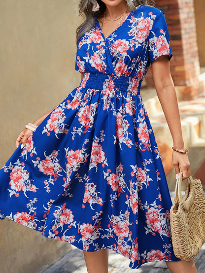 Robe midi à imprimé floral et col en V à taille élastique