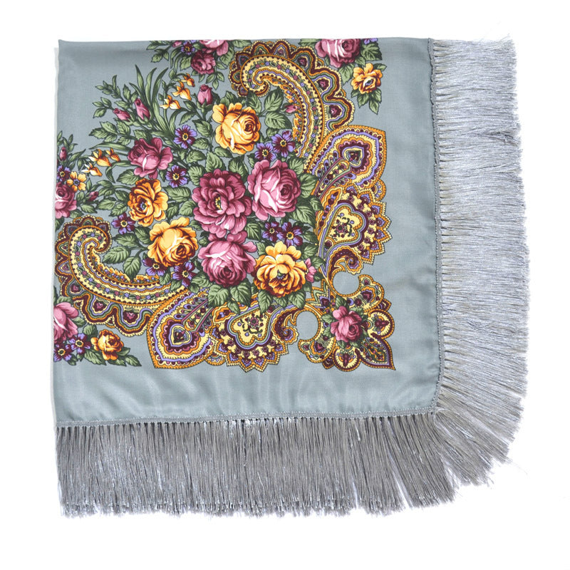 Women's Retro Print Floral Fringed Scarf