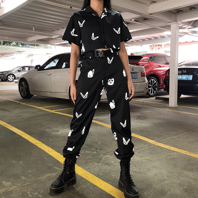 Butterfly reflective printed sports beam trousers