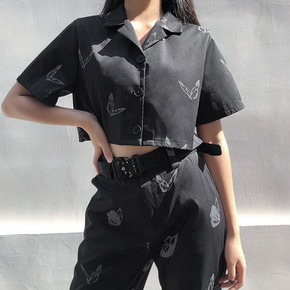 Reflective butterfly-print shirt & slim feet and overalls