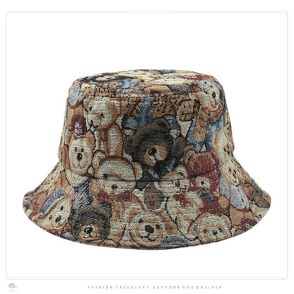 Chapeau seau plat en Jacquard ours mignon pour enfants, chapeau seau résistant au soleil, à la mode, assorti avec tout