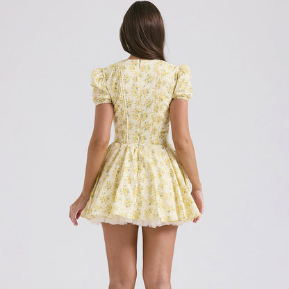 Robe à manches bouffantes et col en v, imprimé de fleurs jaunes, robes plissées douces de Style français, vêtements pour femmes