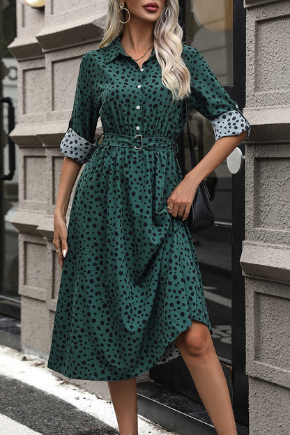 Robe midi imprimée à manches longues et ceinture