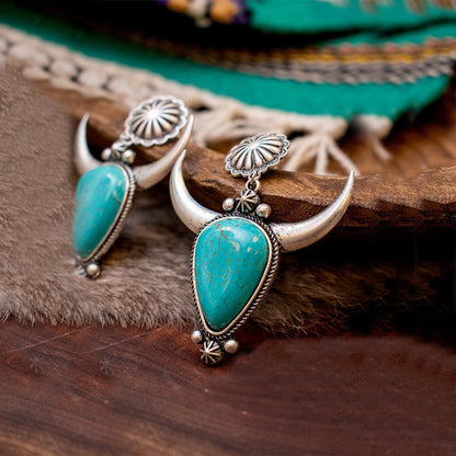 Boucles d'oreilles Vintage Boho Drop Turquoise tête de taureau pour femmes