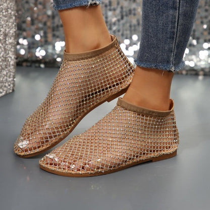 Nouvelles sandales plates creuses avec strass Design chaussures d'été à bout rond pour femmes