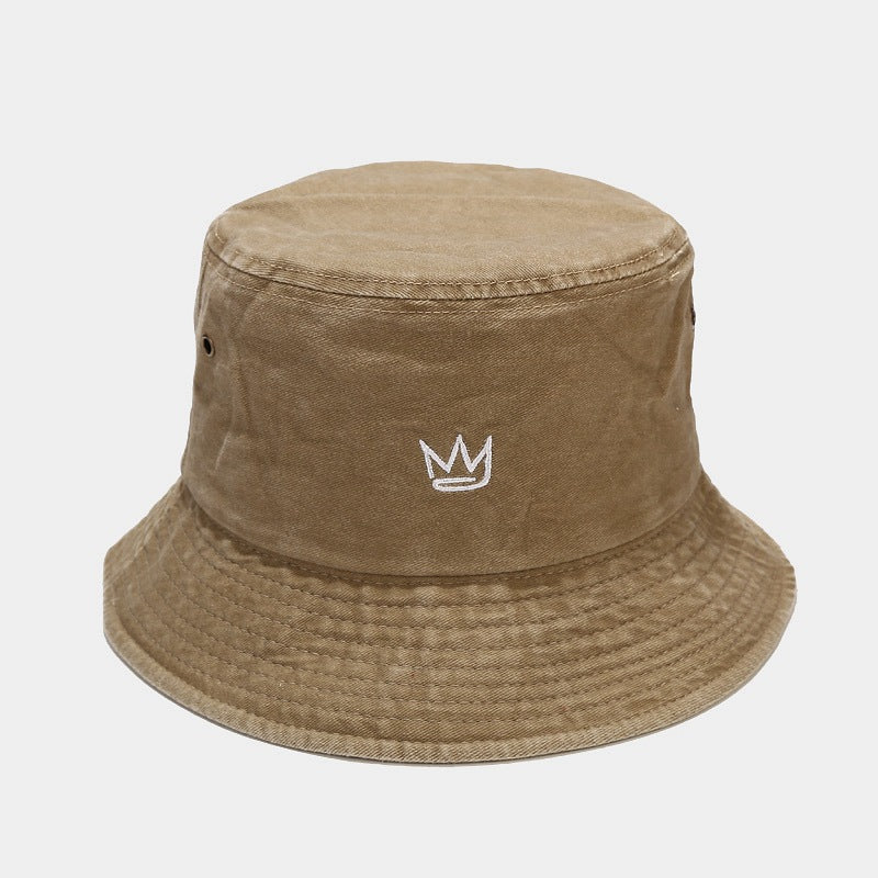 Chapeau de pêcheur brodé couronne coton lavé vintage en détresse