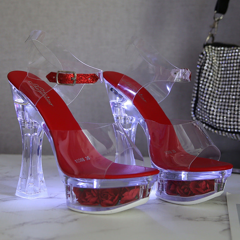 Sandales brillantes pour femmes, chaussures de soirée, fleurs transparentes, talons hauts