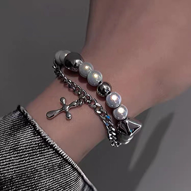 Joyería de moda Pulsera cruzada de perlas reflectantes de doble capa