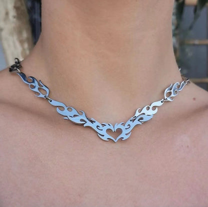 Collier Punk en forme de cœur creux, chaîne de flamme Hip Hop, à la mode