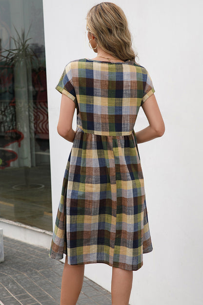 Plaid Round Neck Cap Sleeve Dress