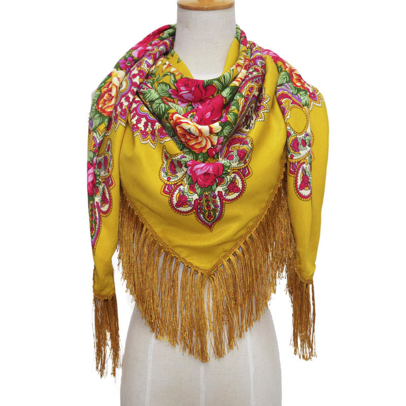 Women's Retro Print Floral Fringed Scarf