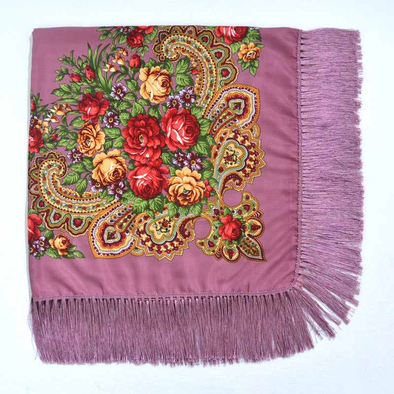 Women's Retro Print Floral Fringed Scarf