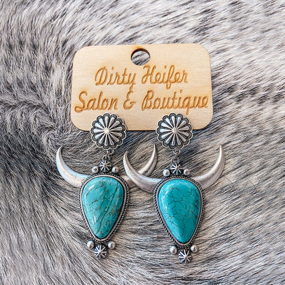 Boucles d'oreilles Vintage Boho Drop Turquoise tête de taureau pour femmes