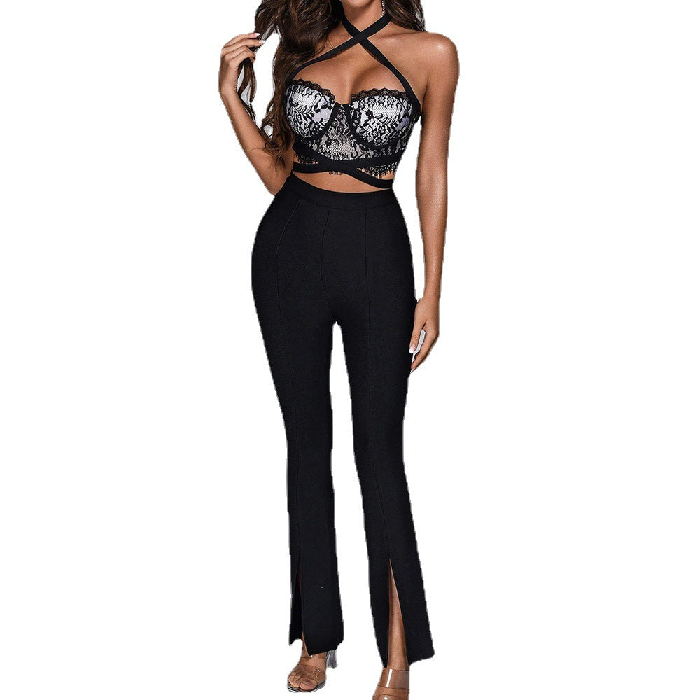 Lace Halter Midriff Outfit Front Slit Bandage Jumpsuit