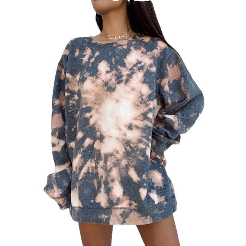 Autumn And Winter Tie-dye Casual Loose Round Neck Long Sleeve Pullover Print Women's Top