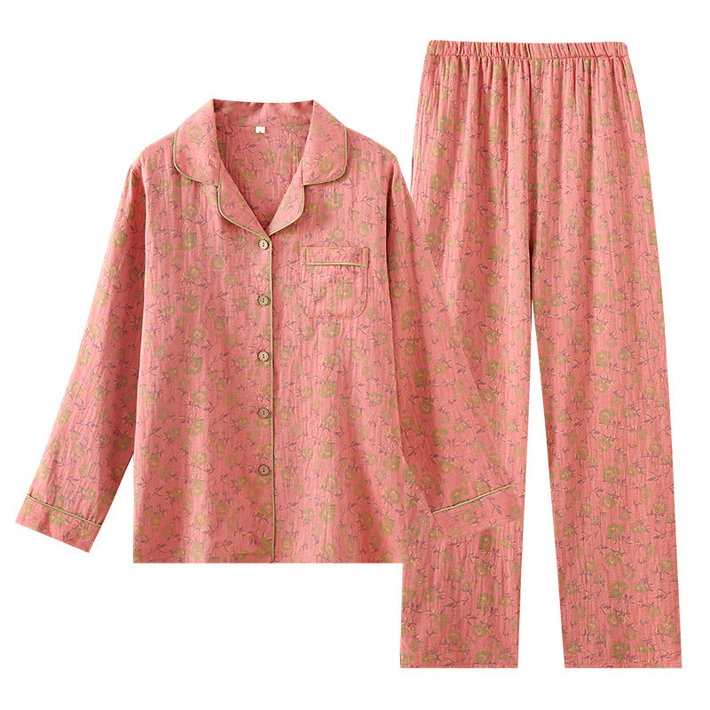 Pyjama en coton pour femmes, Cardigan à manches longues, Double couche de gaze, vêtements de maison, pantalon, costume