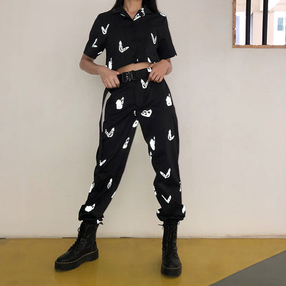 Butterfly reflective printed sports beam trousers